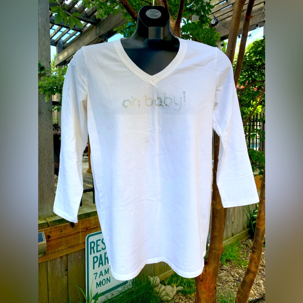 Maternity “Oh Baby” by Motherhood Top by Sz S Bedazzled White